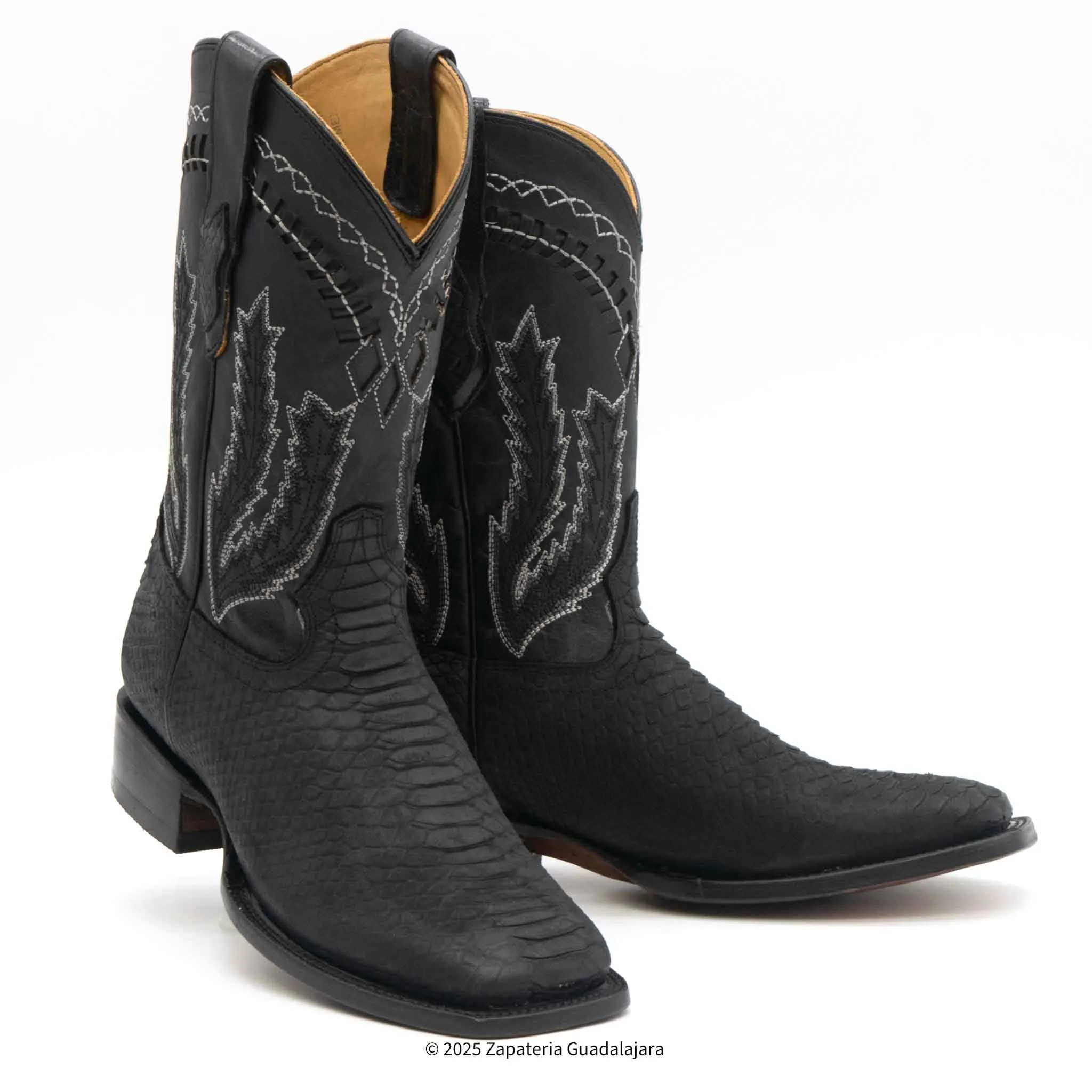 MEN'S WIDE SQUARE TOE FAUX PYTHON TRIBUTE BLACK LEATHER BOOT - H52R6305