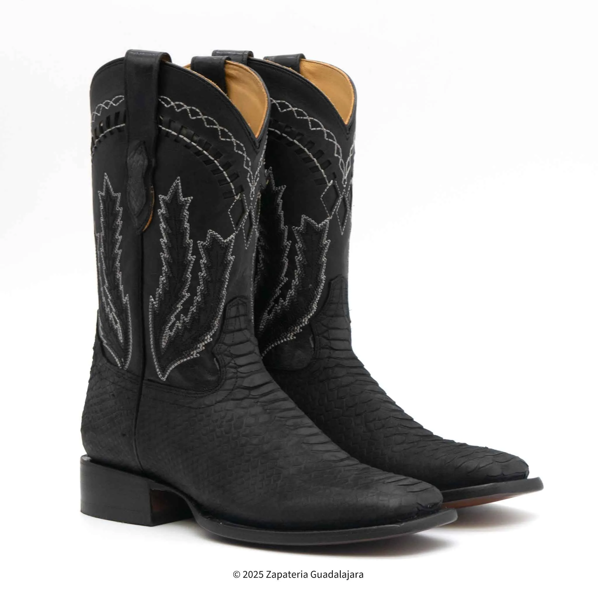 MEN'S WIDE SQUARE TOE FAUX PYTHON TRIBUTE BLACK LEATHER BOOT - H52R6305