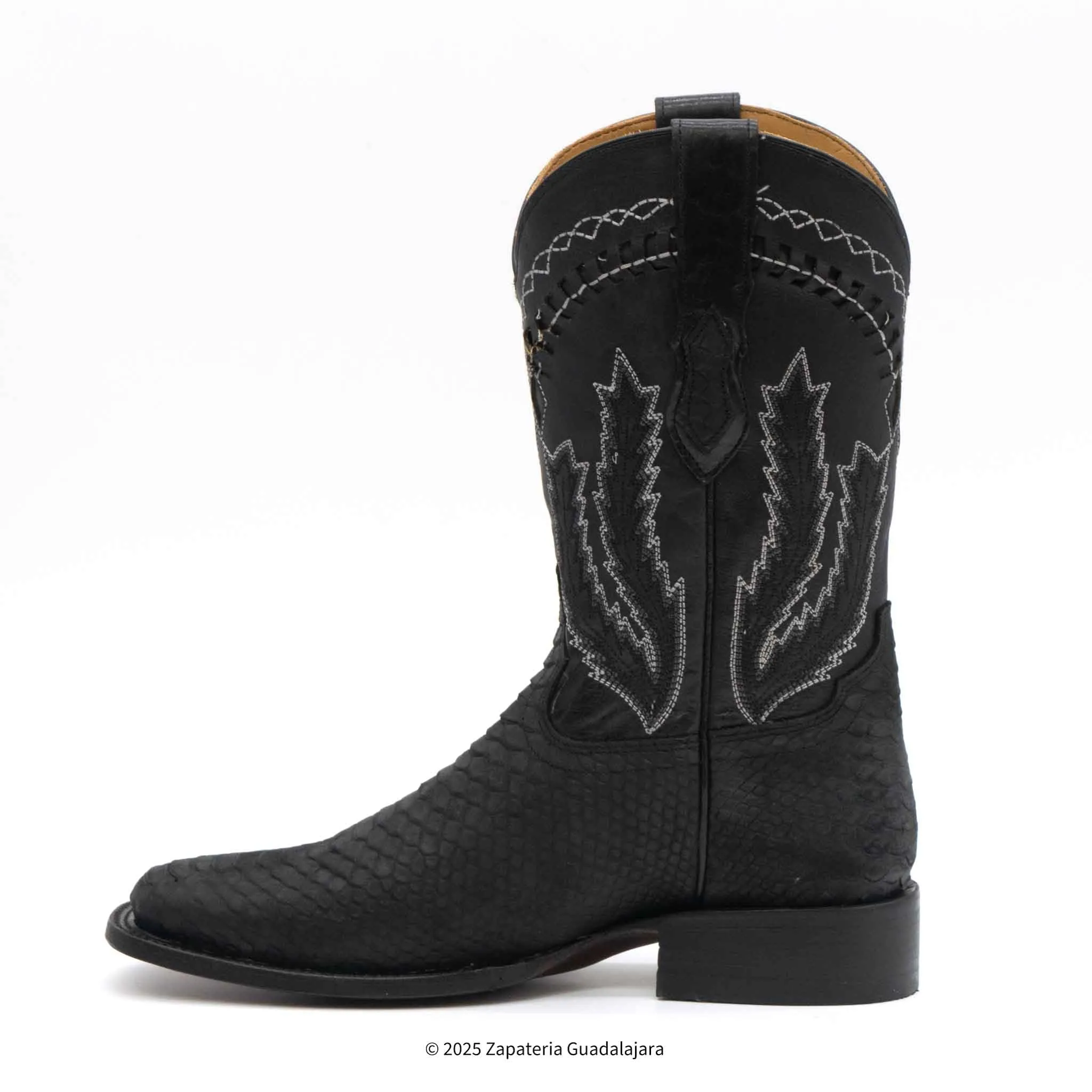 MEN'S WIDE SQUARE TOE FAUX PYTHON TRIBUTE BLACK LEATHER BOOT - H52R6305