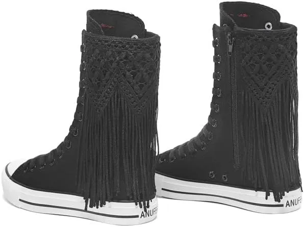 Mid-Tube Front lace-up Side Zipper Tassel Women's Boots Canvas Shoes Trendy Women's Shoes