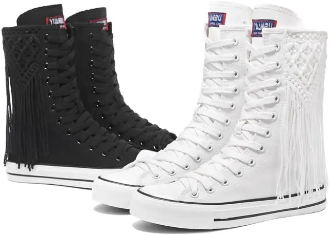 Mid-Tube Front lace-up Side Zipper Tassel Women's Boots Canvas Shoes Trendy Women's Shoes