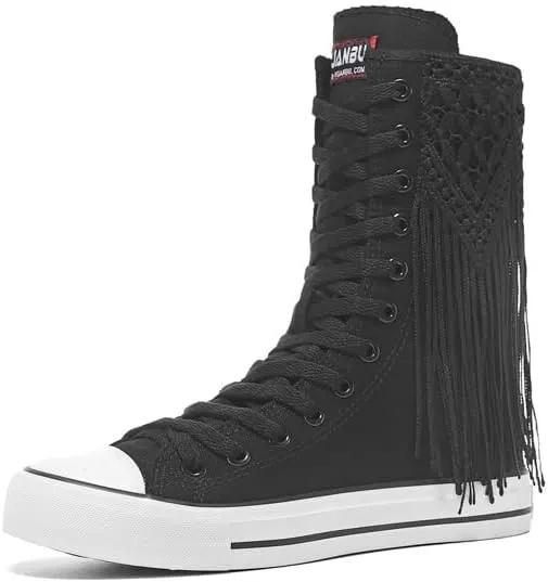 Mid-Tube Front lace-up Side Zipper Tassel Women's Boots Canvas Shoes Trendy Women's Shoes