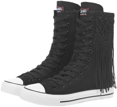 Mid-Tube Front lace-up Side Zipper Tassel Women's Boots Canvas Shoes Trendy Women's Shoes