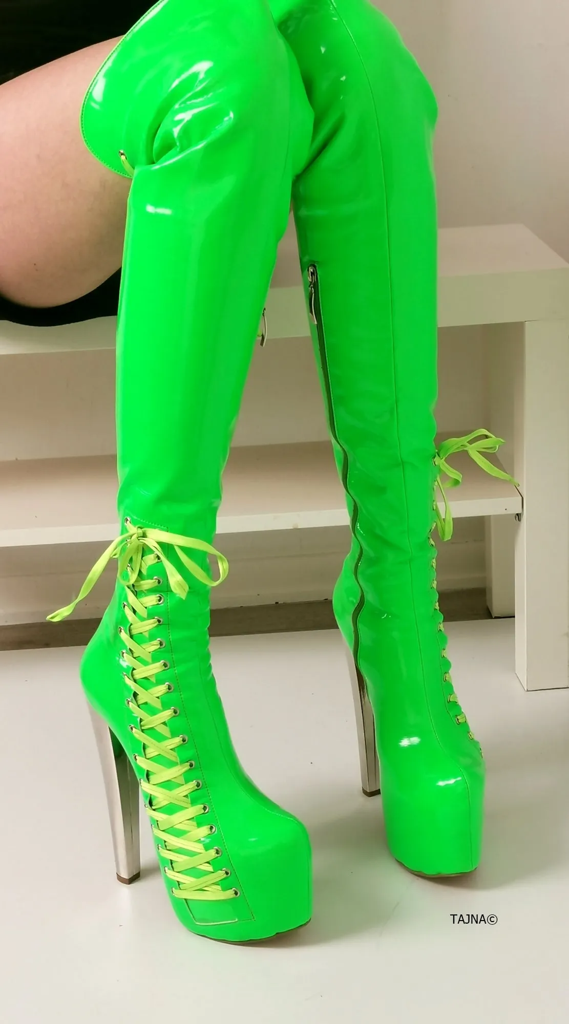 Neon Green Corset Knee High Boots