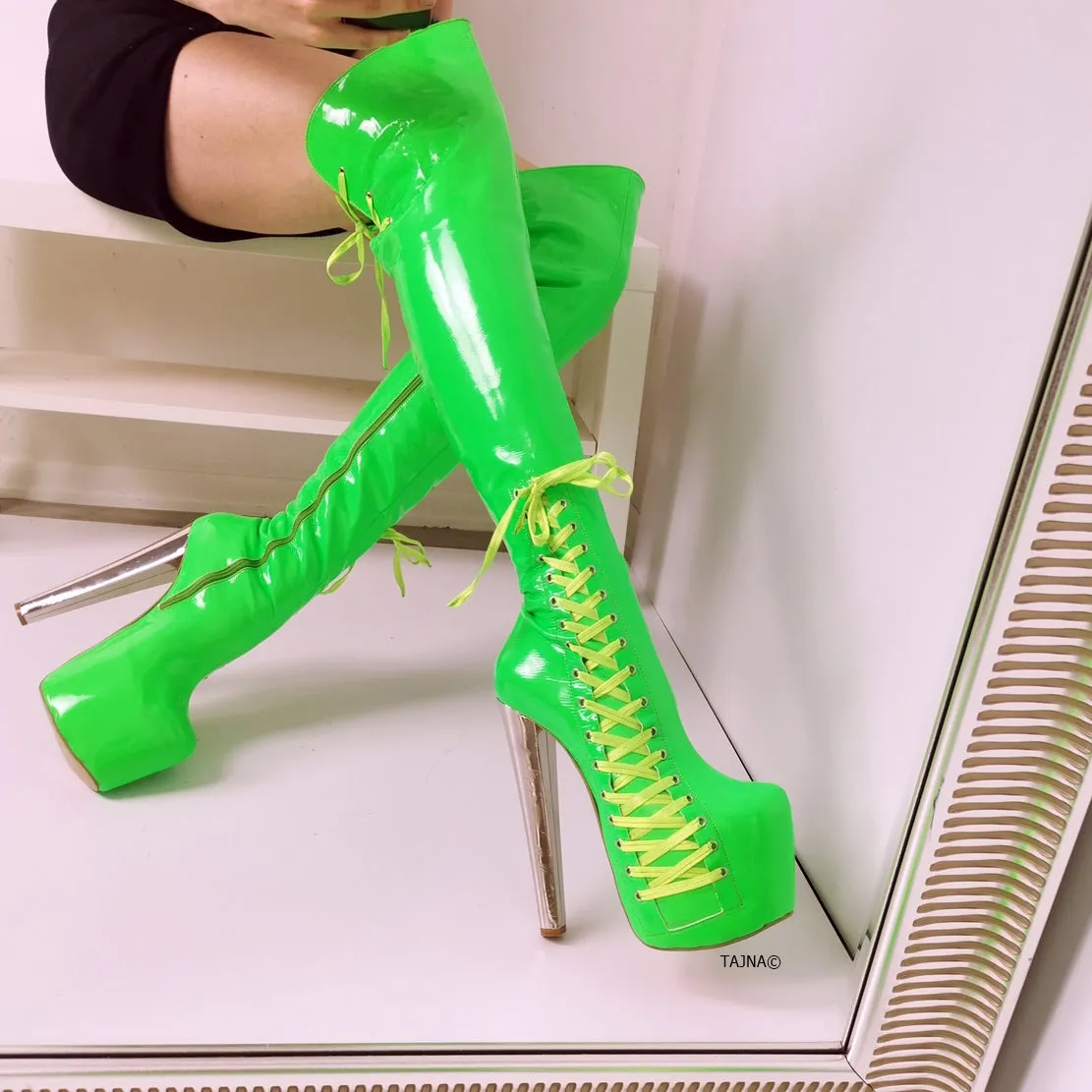 Neon Green Corset Knee High Boots
