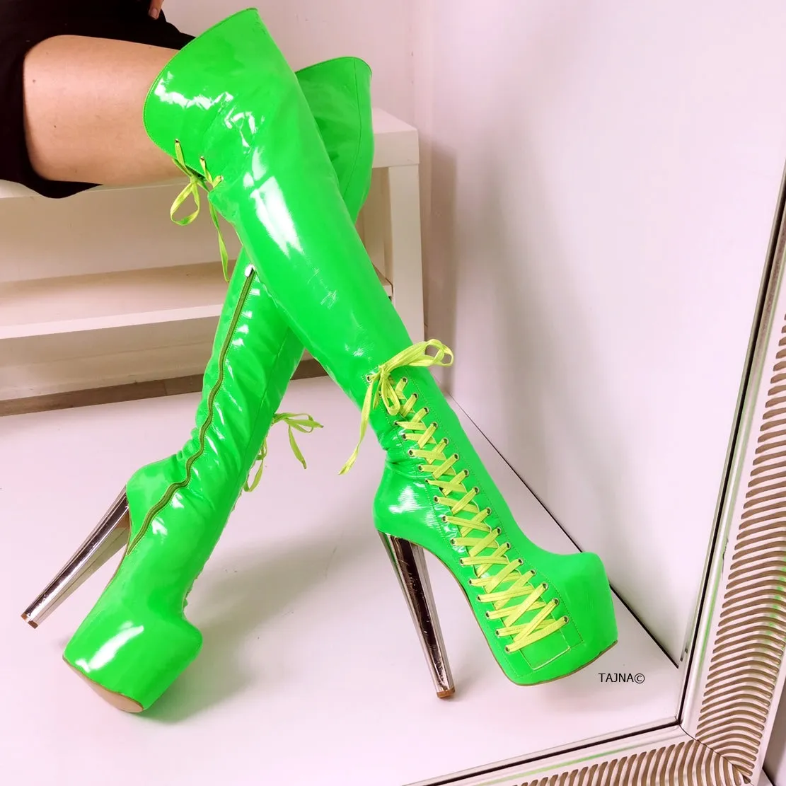 Neon Green Corset Knee High Boots