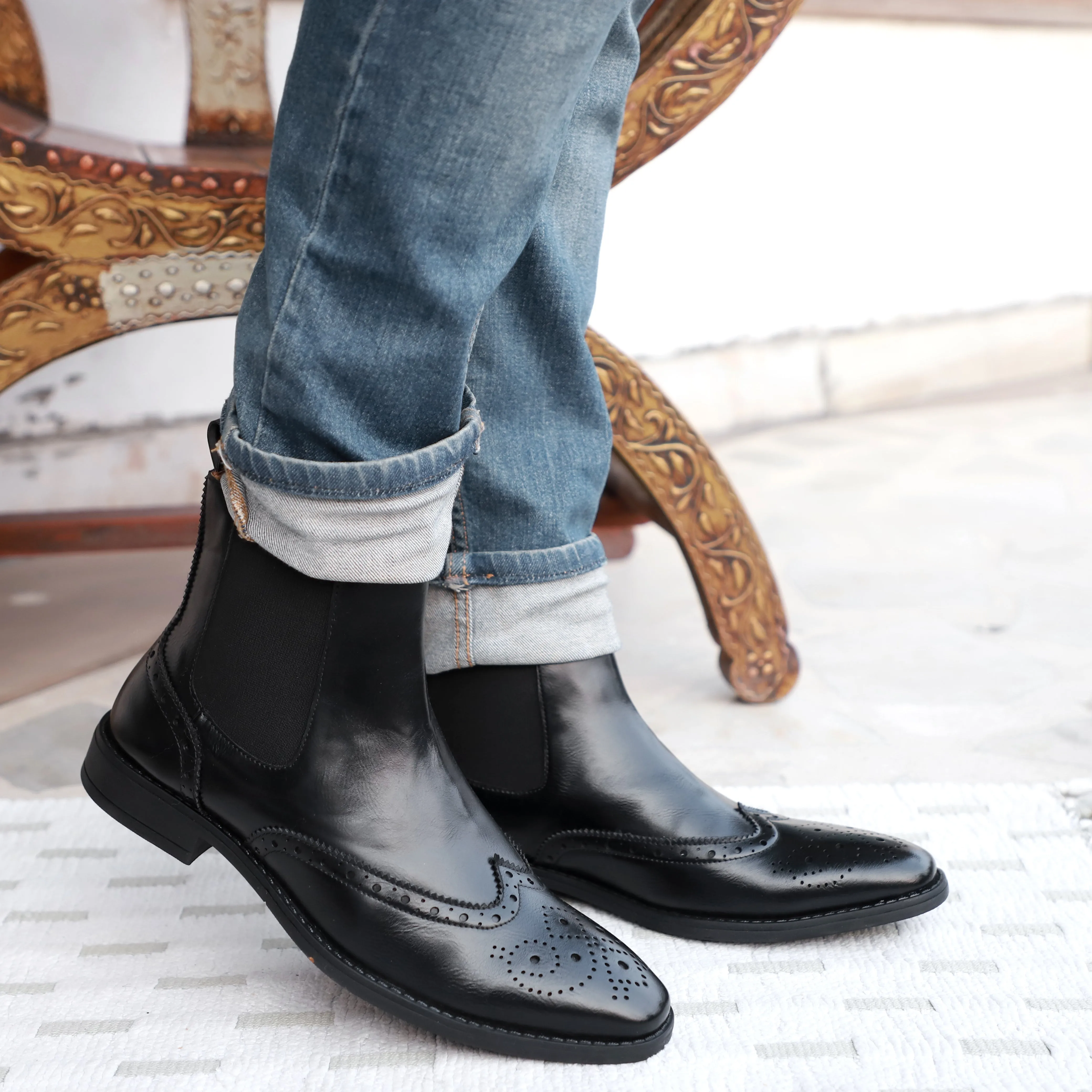 NICHE Black Brogue Designer Chelsea Boot