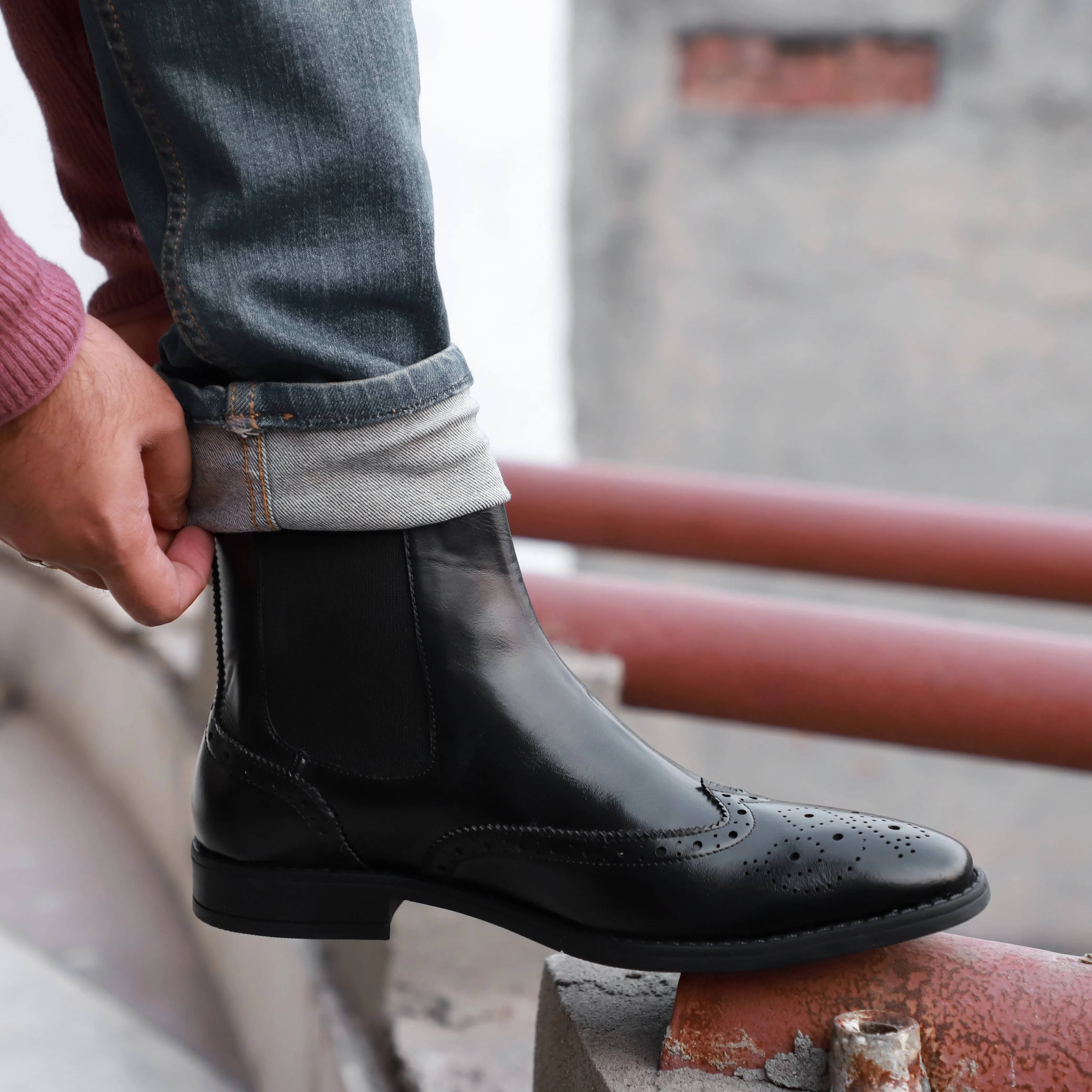 NICHE Black Brogue Designer Chelsea Boot