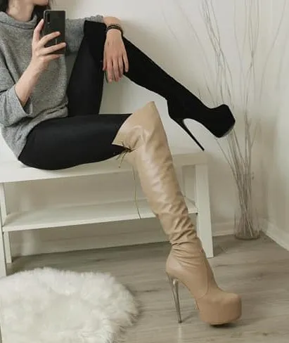 Nude Beige Matte Knee High Boots