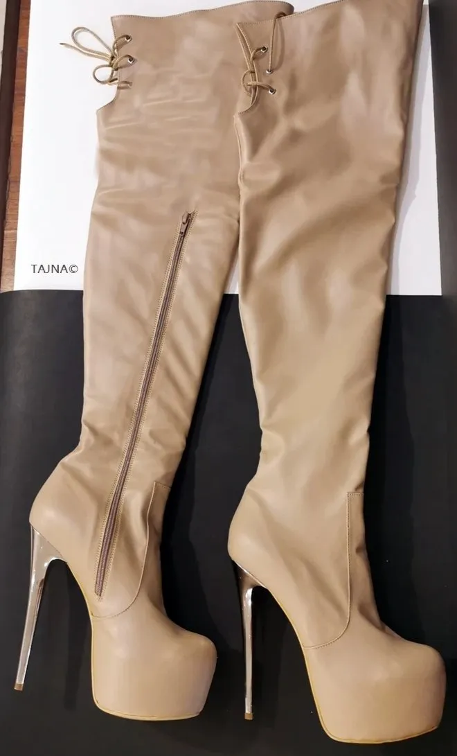 Nude Beige Matte Knee High Boots