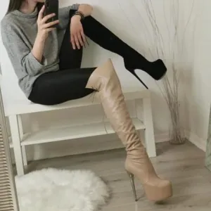 Nude Beige Matte Knee High Boots