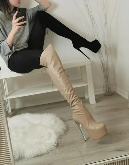Nude Beige Matte Knee High Boots
