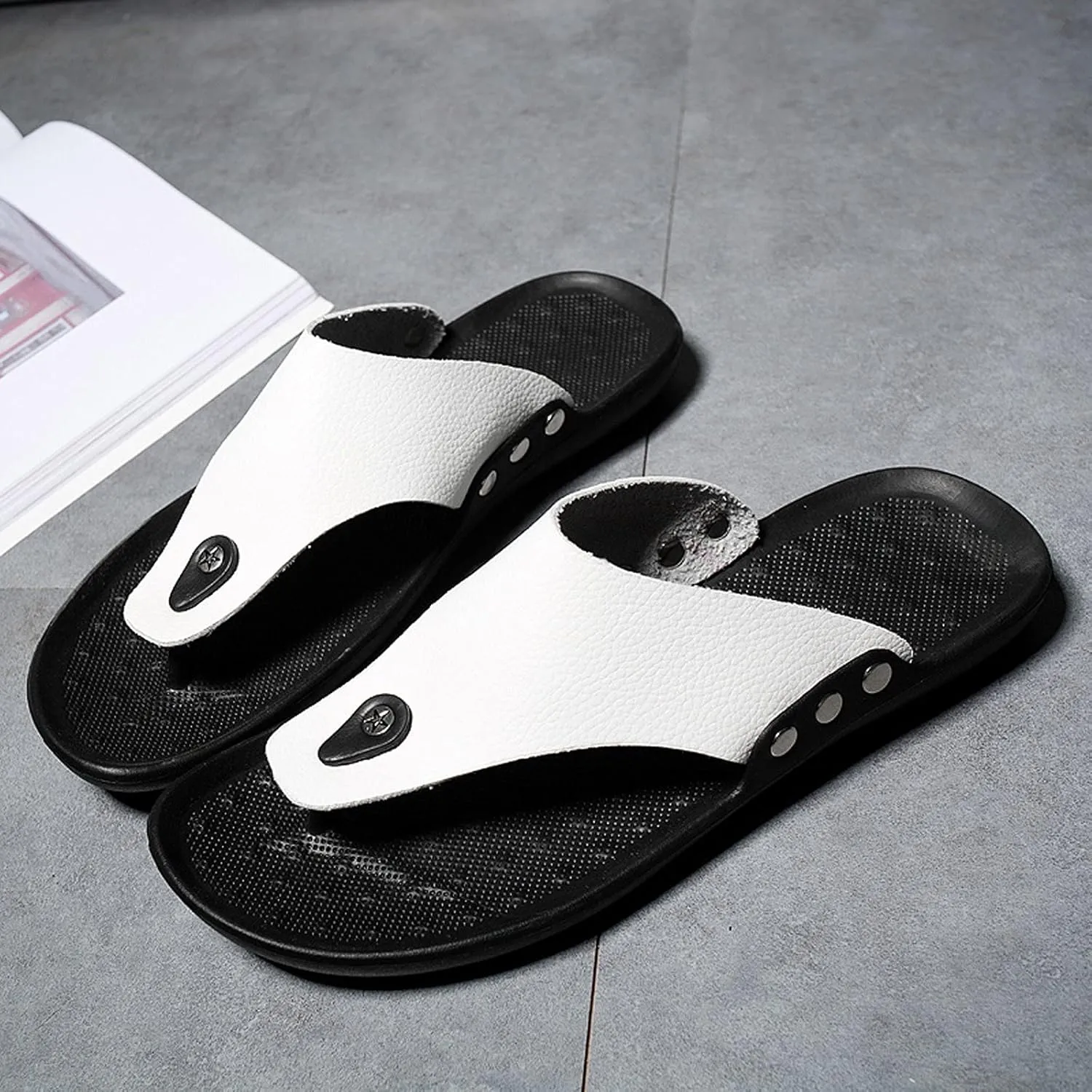 oiangi Men's Shoes Summer Leather Fashion Flip Flops Casual External Wear Beach Sandals