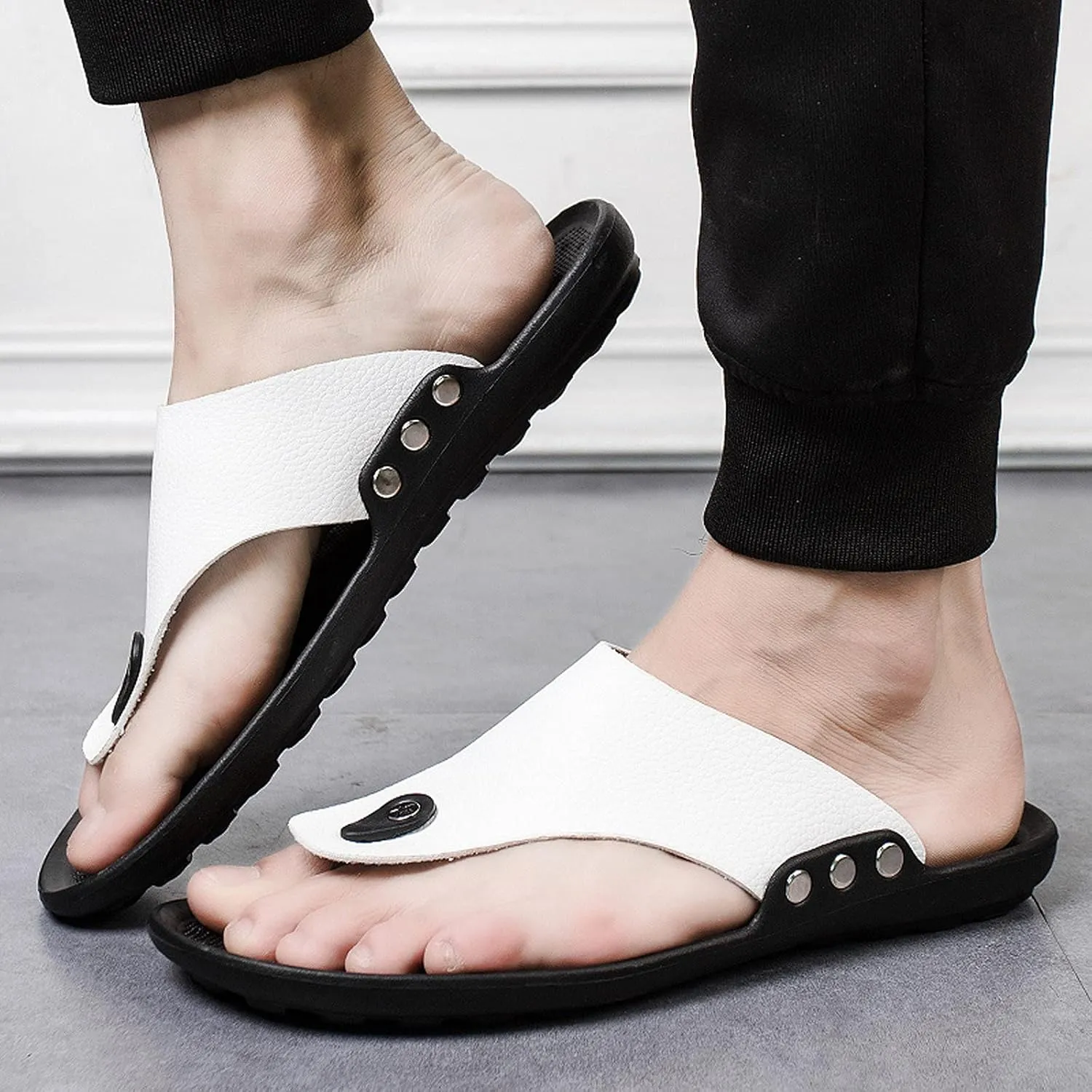 oiangi Men's Shoes Summer Leather Fashion Flip Flops Casual External Wear Beach Sandals