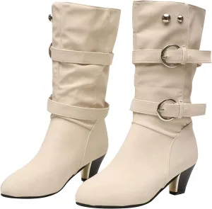 oiangi Womens Chunky Heel Mid-Calf Boots Fashion Round Toe Double Belt Buckle Studded Square Heel High Heel Boots Trendy Comfortable Casual Shoes