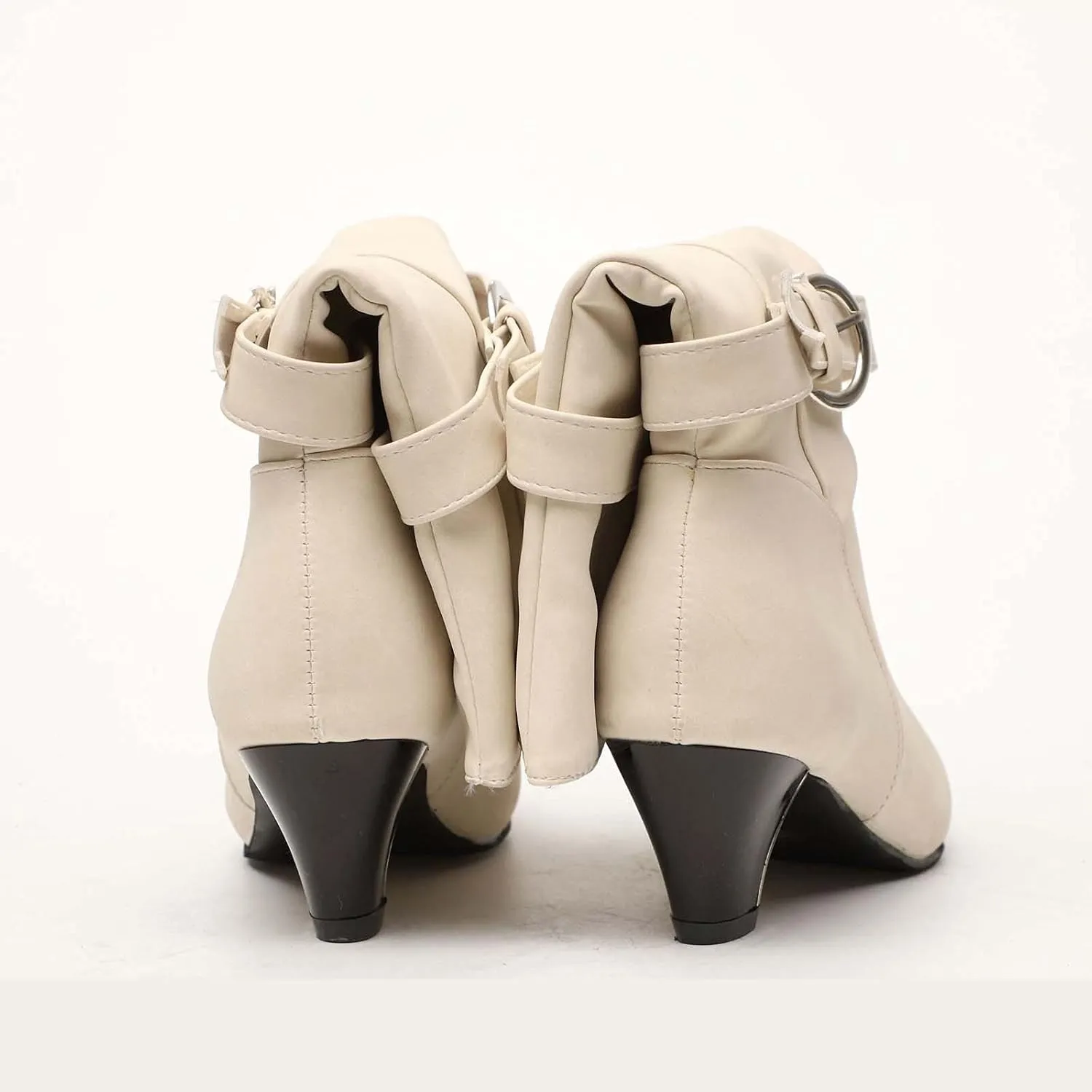 oiangi Womens Chunky Heel Mid-Calf Boots Fashion Round Toe Double Belt Buckle Studded Square Heel High Heel Boots Trendy Comfortable Casual Shoes