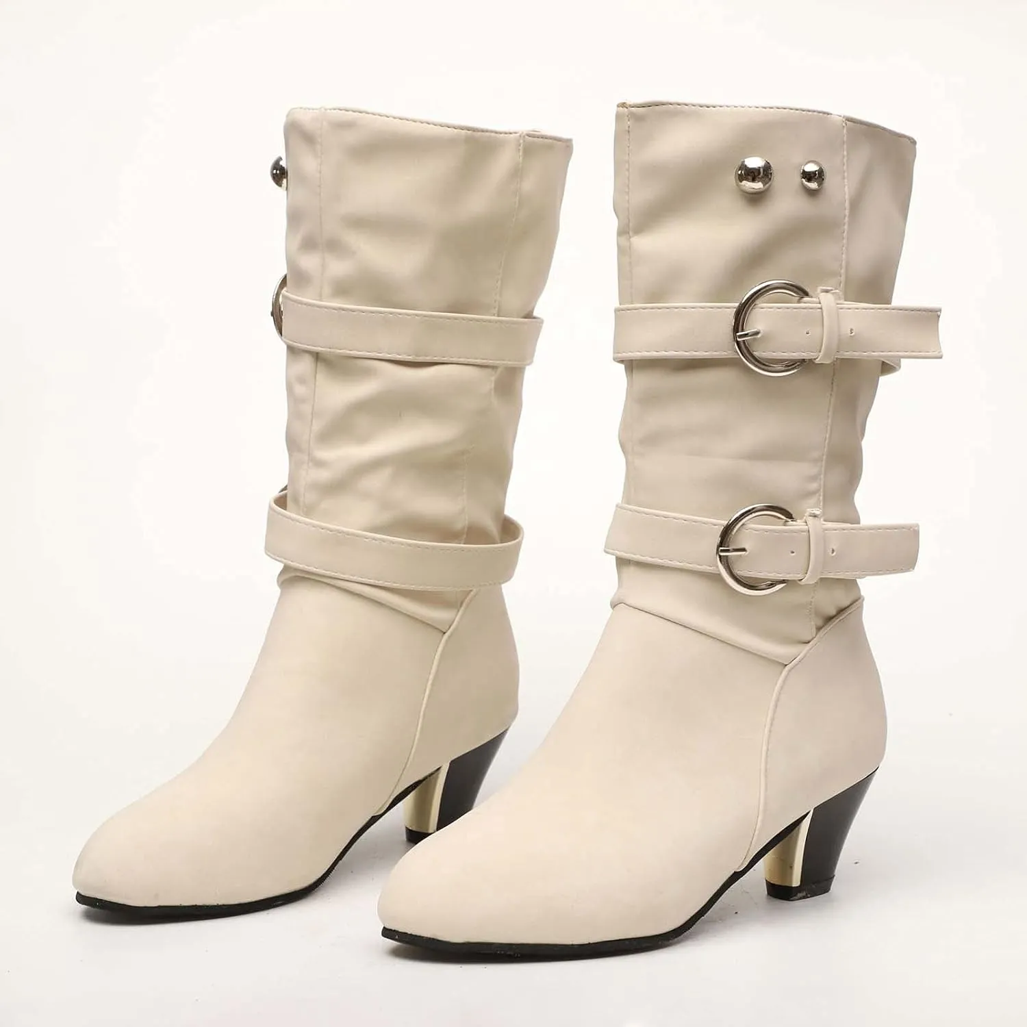 oiangi Womens Chunky Heel Mid-Calf Boots Fashion Round Toe Double Belt Buckle Studded Square Heel High Heel Boots Trendy Comfortable Casual Shoes