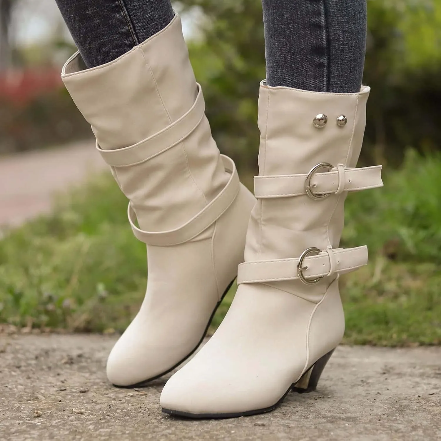oiangi Womens Chunky Heel Mid-Calf Boots Fashion Round Toe Double Belt Buckle Studded Square Heel High Heel Boots Trendy Comfortable Casual Shoes