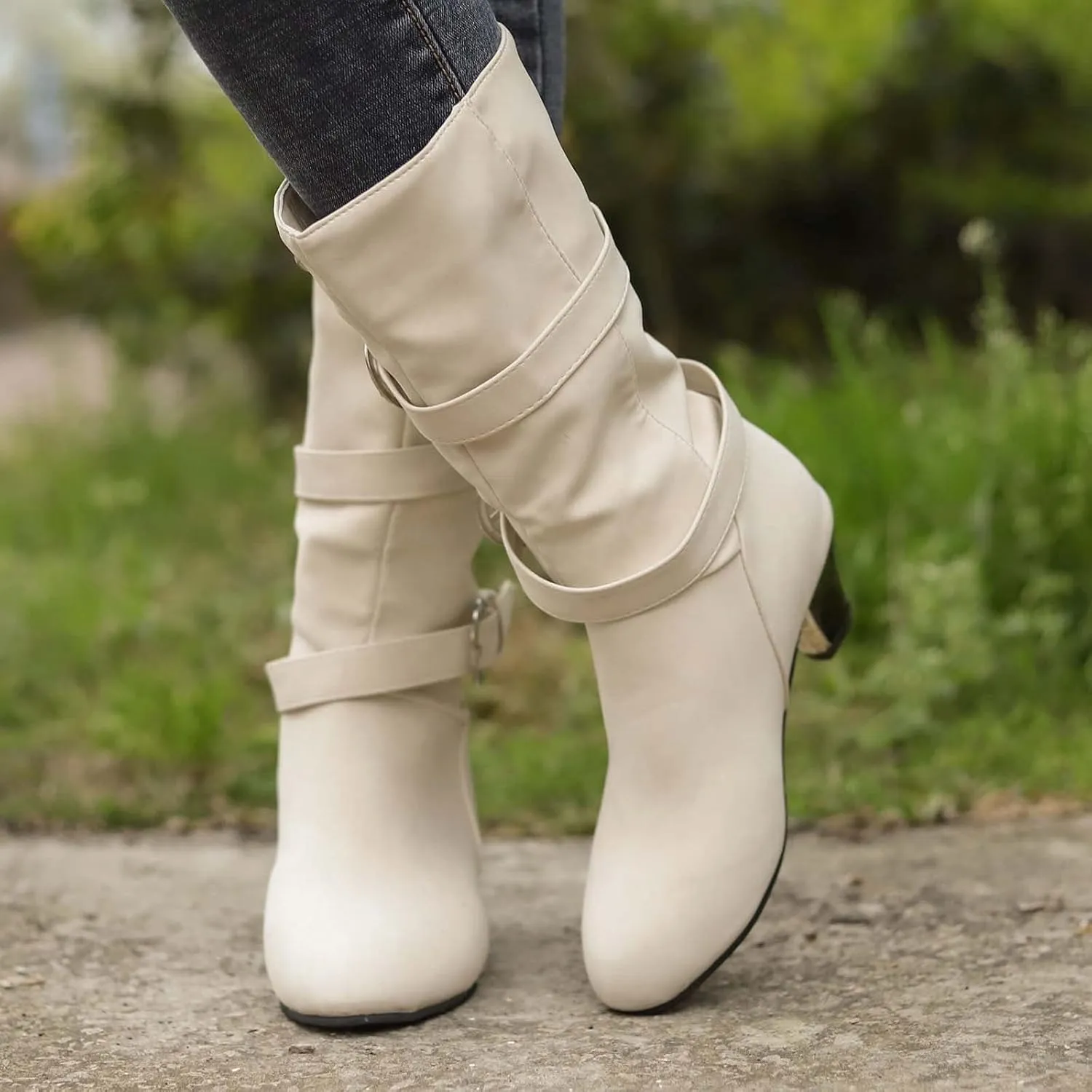 oiangi Womens Chunky Heel Mid-Calf Boots Fashion Round Toe Double Belt Buckle Studded Square Heel High Heel Boots Trendy Comfortable Casual Shoes