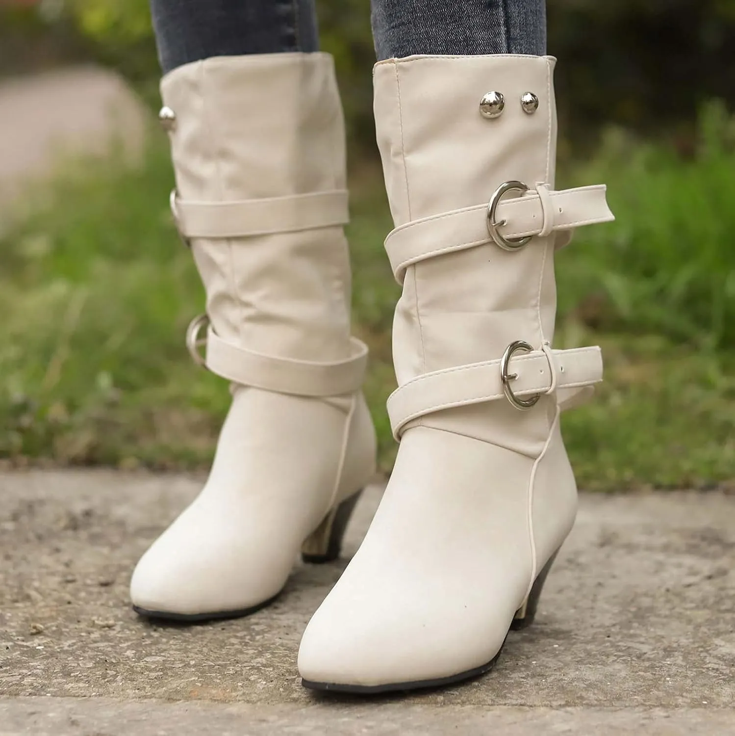 oiangi Womens Chunky Heel Mid-Calf Boots Fashion Round Toe Double Belt Buckle Studded Square Heel High Heel Boots Trendy Comfortable Casual Shoes