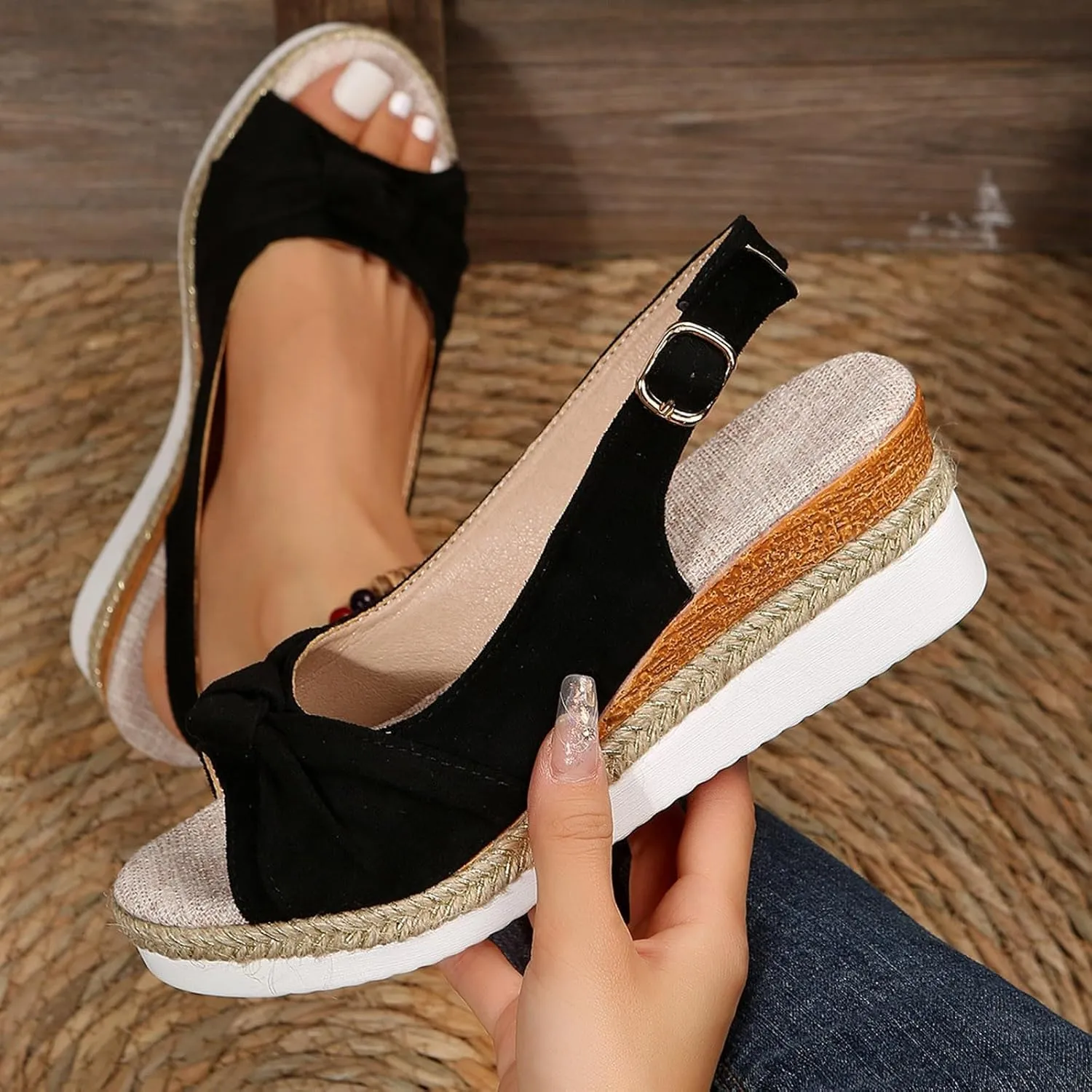 Orthopedic Sandals for Women 2025 Summer Stylish Wedge Open Toe Ankle Strap Slip Platform Sandals Comfortable Casual Bowknot Beach Slippers Shoes with Arch Support