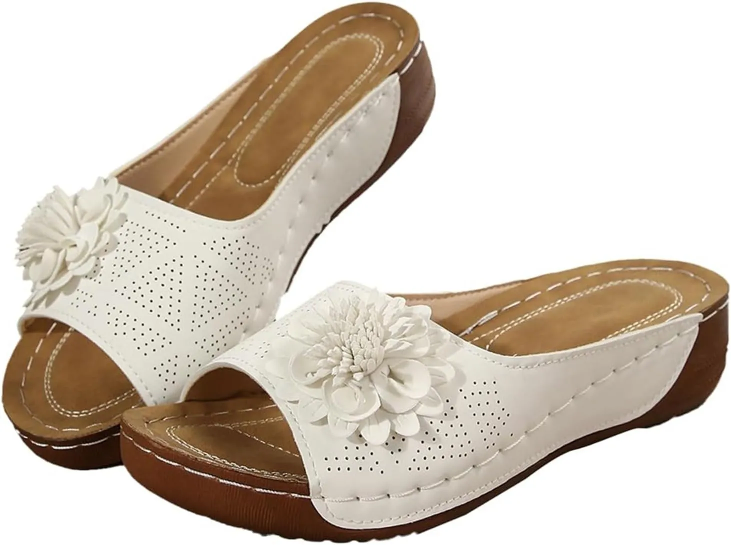 Orthopedic Sandals for Women Summer Fashion Open Toe Wedge Slides Slippers Fashion Flower Fish Mouth Leather Slippers Mesh Comfy Shoes