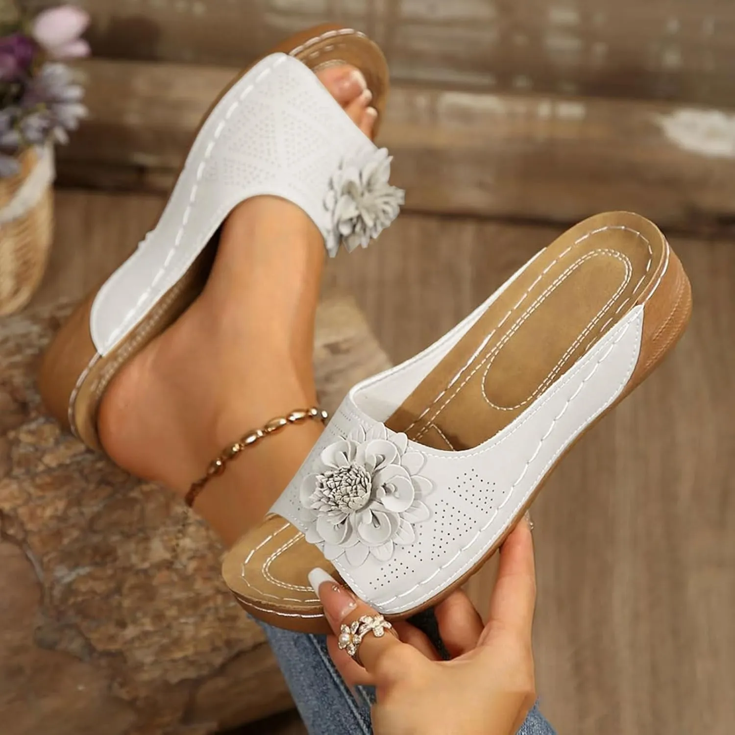 Orthopedic Sandals for Women Summer Fashion Open Toe Wedge Slides Slippers Fashion Flower Fish Mouth Leather Slippers Mesh Comfy Shoes