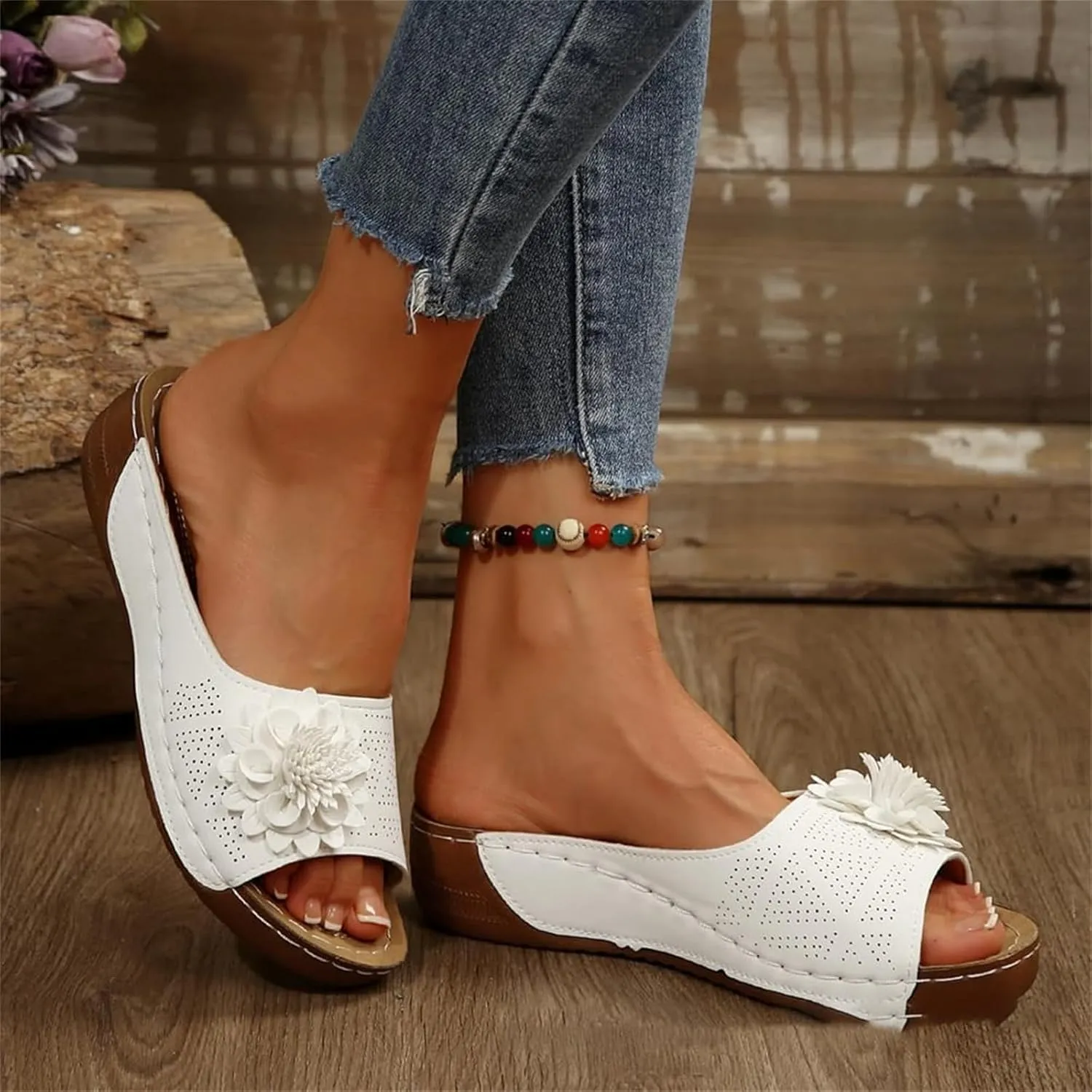 Orthopedic Sandals for Women Summer Fashion Open Toe Wedge Slides Slippers Fashion Flower Fish Mouth Leather Slippers Mesh Comfy Shoes