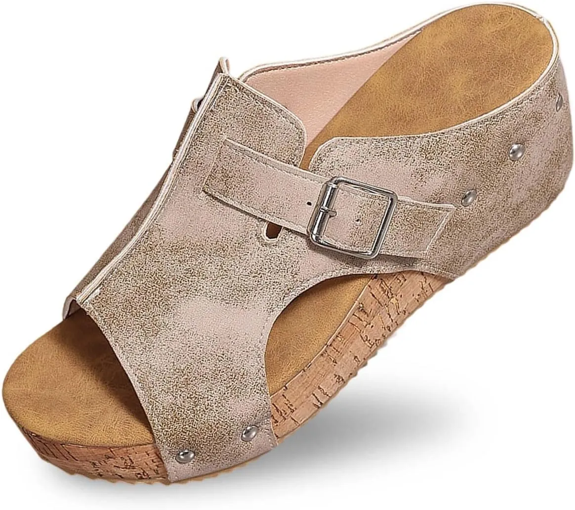 Orthopedic Wedge Sandals for Women Comfortable Open Toe Slip On Slides Casual Platform Summer Slippers Cork Heeled Sandal Beach Vacation Shoes Boho Ankle Strap Shoe