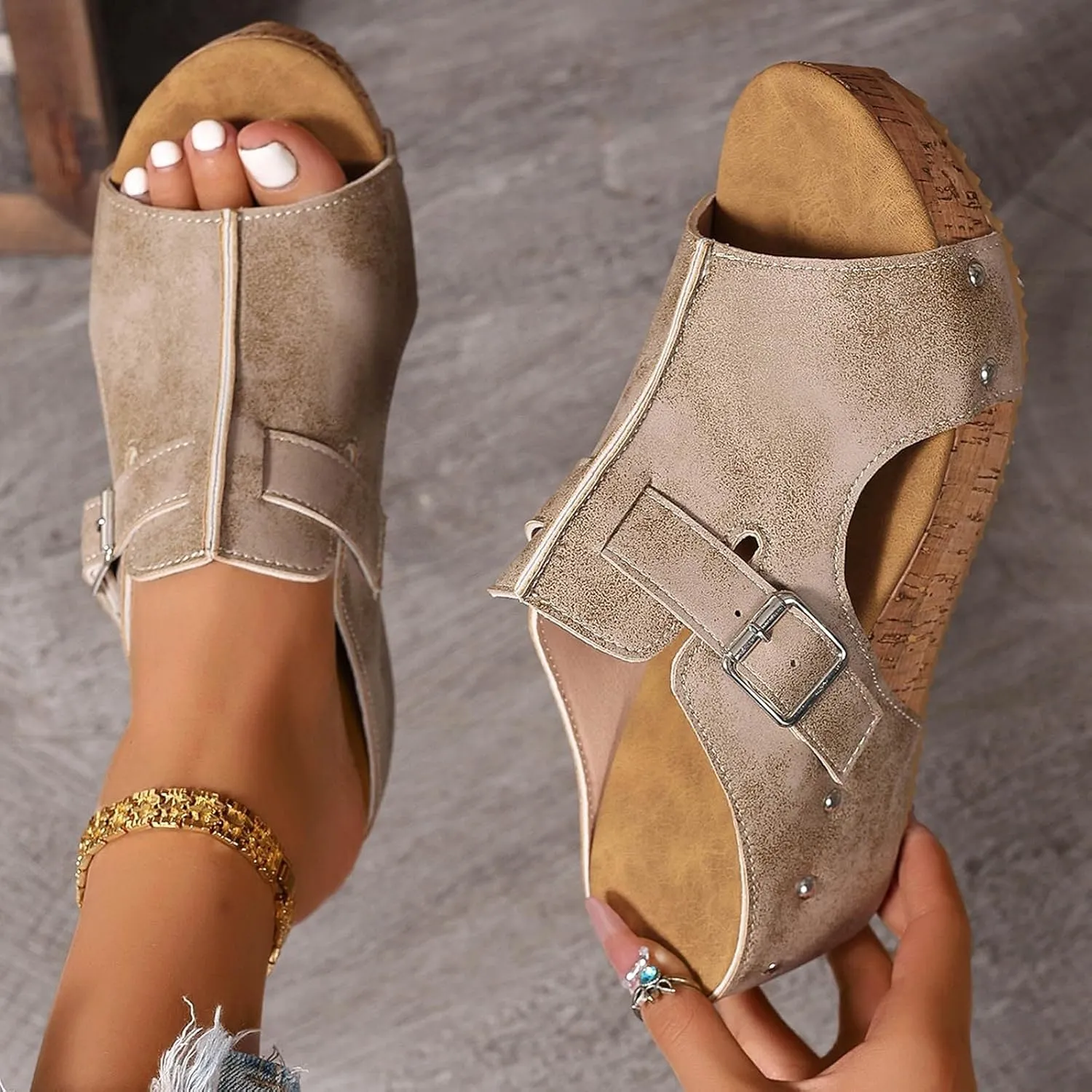 Orthopedic Wedge Sandals for Women Comfortable Open Toe Slip On Slides Casual Platform Summer Slippers Cork Heeled Sandal Beach Vacation Shoes Boho Ankle Strap Shoe