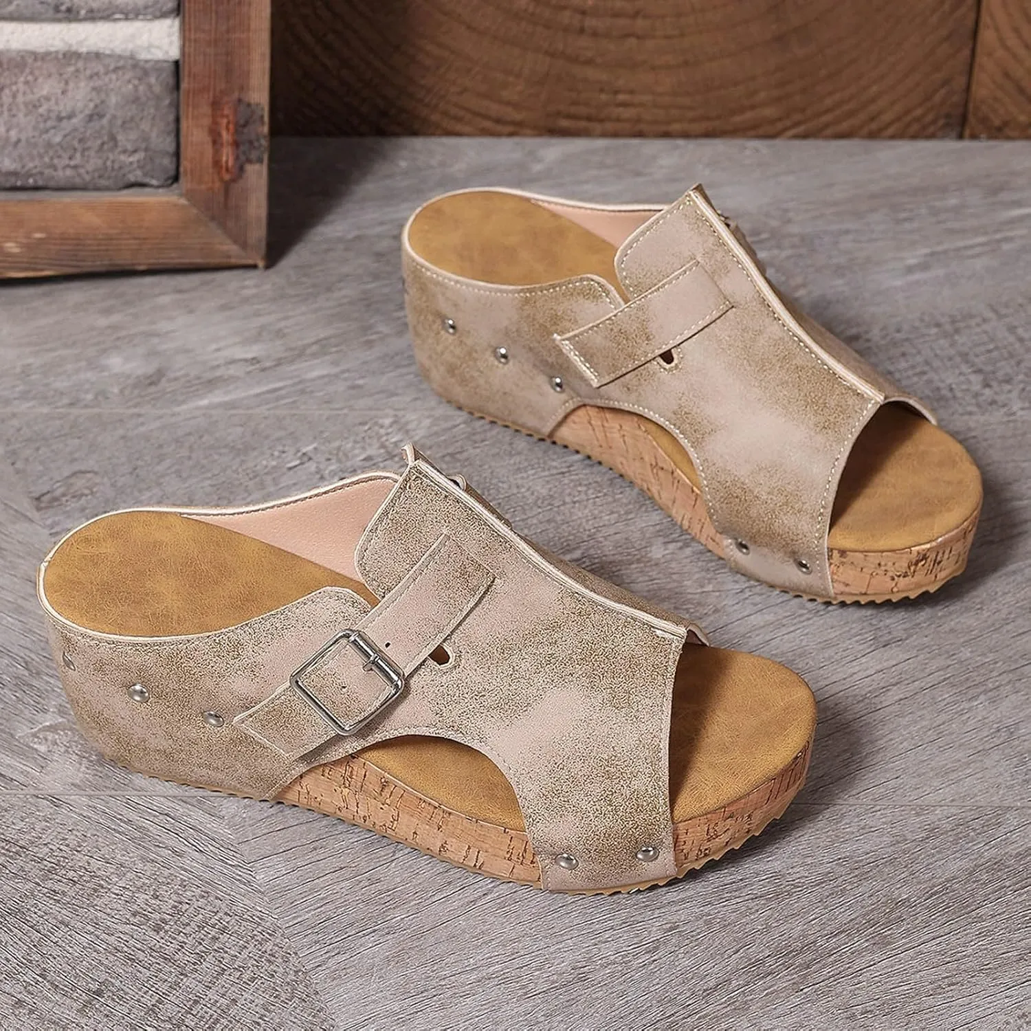 Orthopedic Wedge Sandals for Women Comfortable Open Toe Slip On Slides Casual Platform Summer Slippers Cork Heeled Sandal Beach Vacation Shoes Boho Ankle Strap Shoe