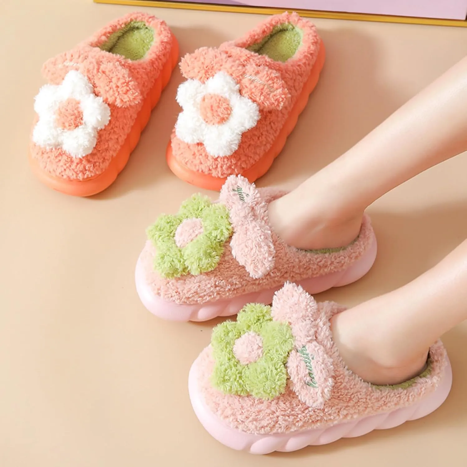 Plush Floral Slippers Adult Women’s Men’s Warm home Indoor Non-Slip Flowers for Winter Comfort