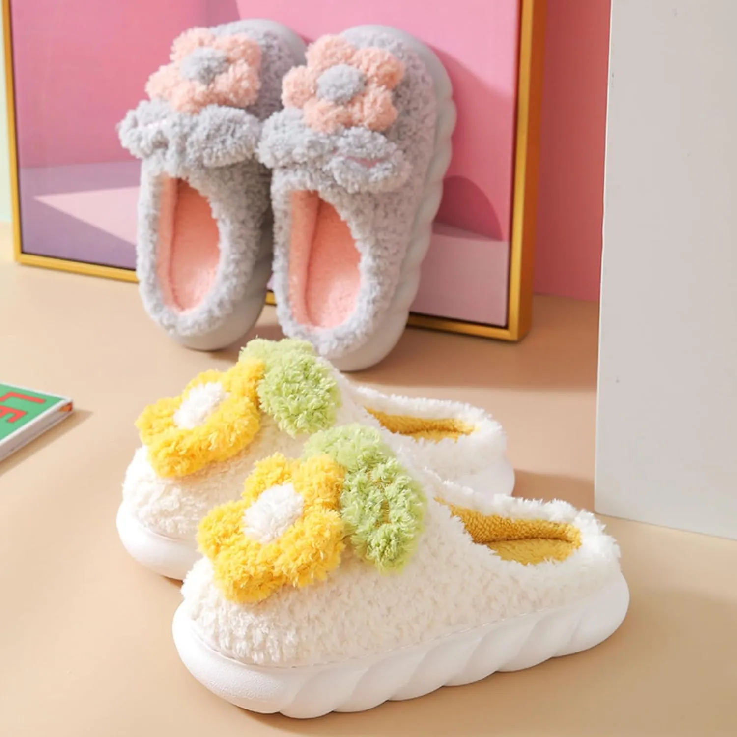 Plush Floral Slippers Adult Women’s Men’s Warm home Indoor Non-Slip Flowers for Winter Comfort