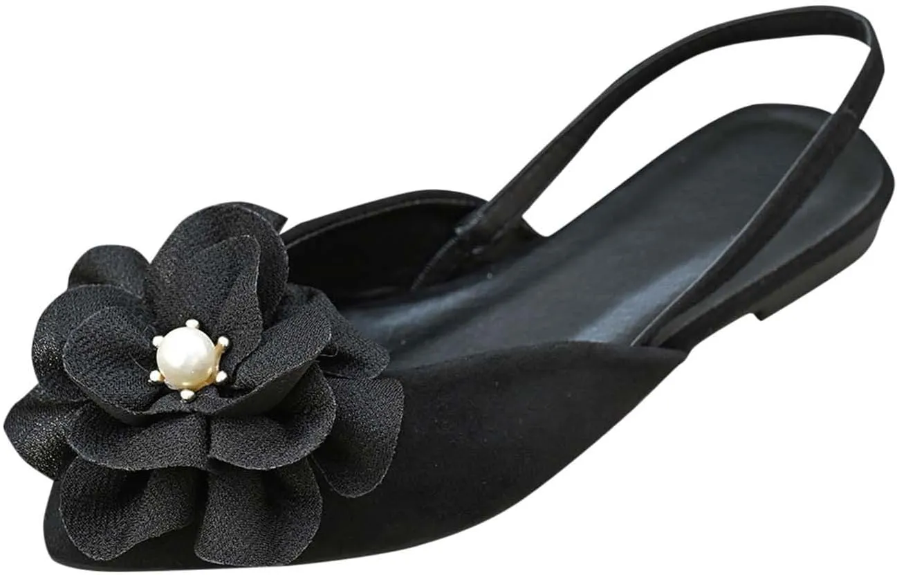 Pointed Toe Slingback Flats Women Elegant Dress Sandals Comfort Dressy Flower Slip On Flat Light Weight Ballet Shoes