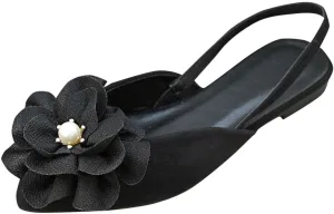 Pointed Toe Slingback Flats Women Elegant Dress Sandals Comfort Dressy Flower Slip On Flat Light Weight Ballet Shoes