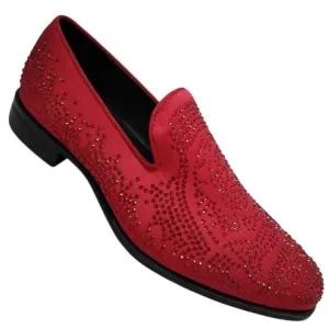 Red Satin Material Men's Shoes Glitter Stone Tuxedo Pron Slip-On Loafer Style-S61