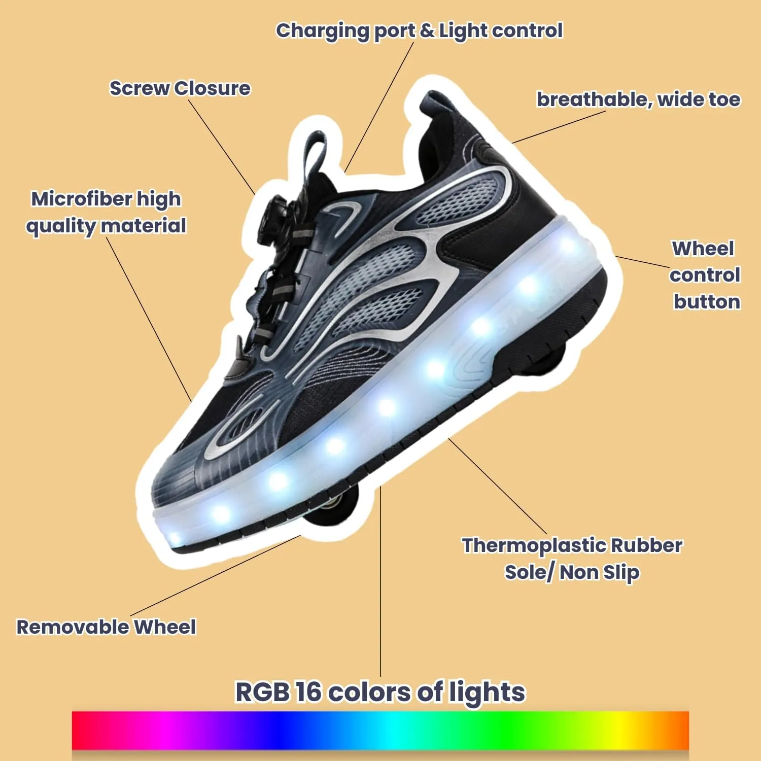 Roller Skate Shoes for Kids - Wheels with USB Charging Led Light Up, Shiny Sneakers for Boys & Girls - Perfect for Christmas & Birthday