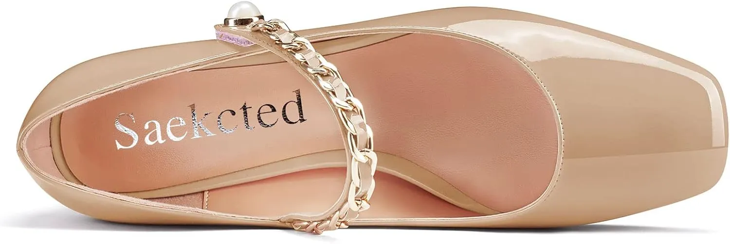 Saekcted Women Chunky Block Low Heel Square Toe Mary Jane Pumps Slip-on Classic Dress Wedding 2.0 Inches Heels Shoes