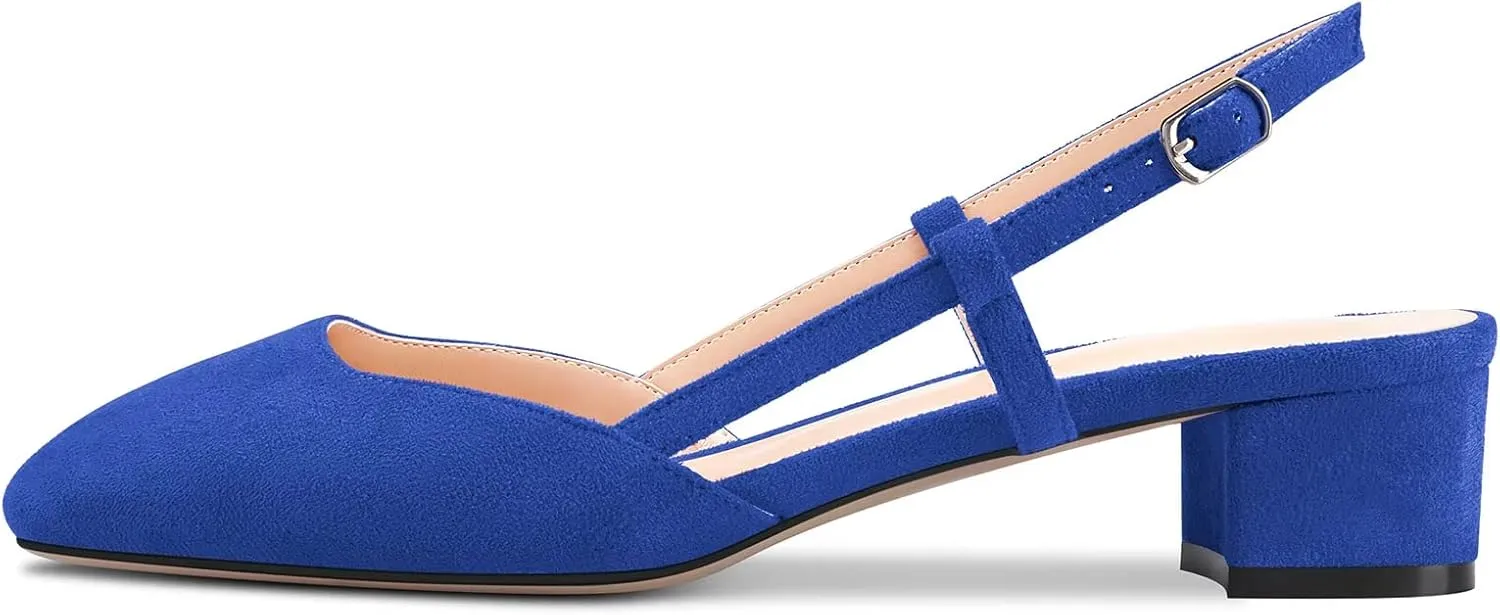 Saekcted Women Chunky Block Low Kitten Heel Square Toe Slingback Pumps Wedding Office Dress 1.4 Inches Heels