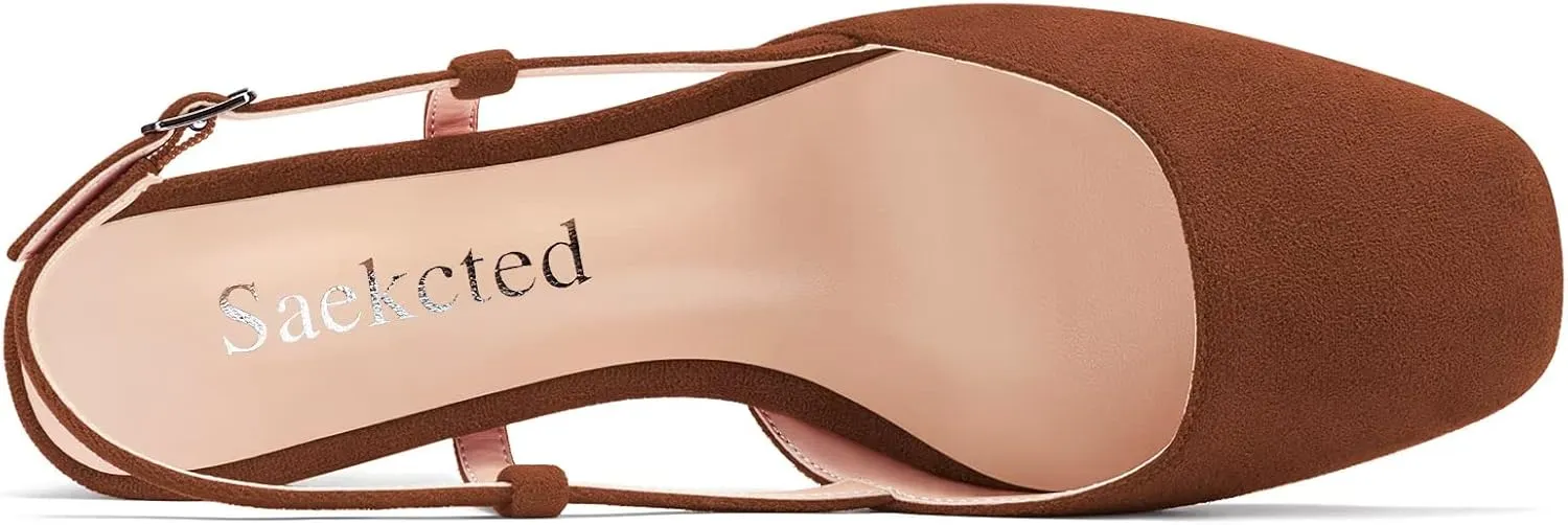 Saekcted Women Chunky Block Low Kitten Heel Square Toe Slingback Pumps Wedding Office Dress 1.4 Inches Heels
