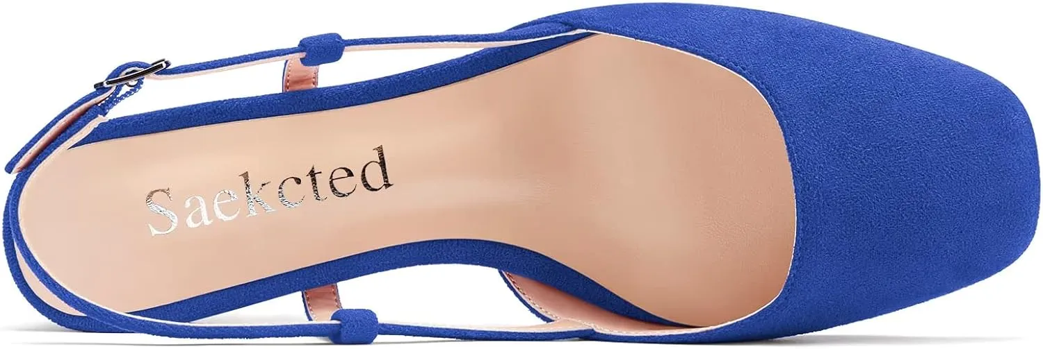 Saekcted Women Chunky Block Low Kitten Heel Square Toe Slingback Pumps Wedding Office Dress 1.4 Inches Heels