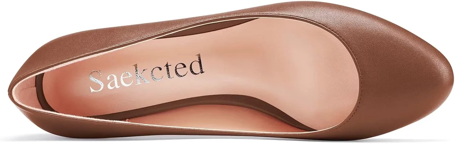 Saekcted Women Low Kitten Heel Round Toe Slip-on Pumps Wedding Cute 1.4 Inches Heels
