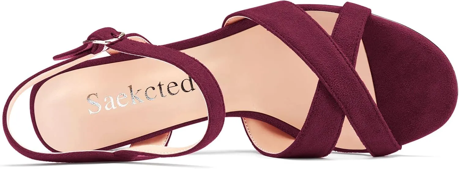 Saekcted Women Mid Heel Chunky Block Peep Open Toe Slingback Sandals Ankle Strap Buckle Dress 3.2 Inches Heels