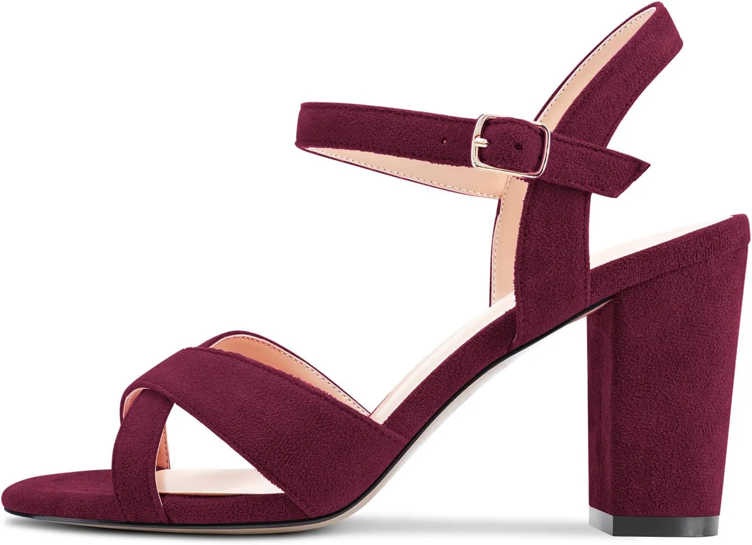 Saekcted Women Mid Heel Chunky Block Peep Open Toe Slingback Sandals Ankle Strap Buckle Dress 3.2 Inches Heels