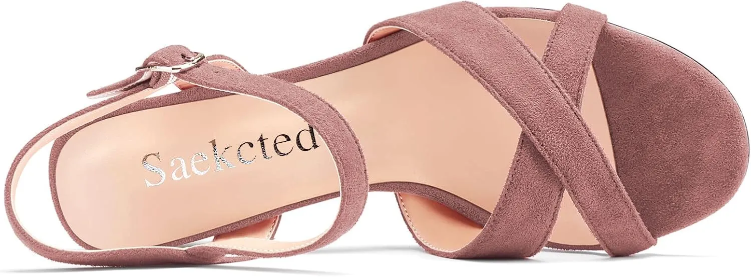 Saekcted Women Mid Heel Chunky Block Peep Open Toe Slingback Sandals Ankle Strap Buckle Dress 3.2 Inches Heels