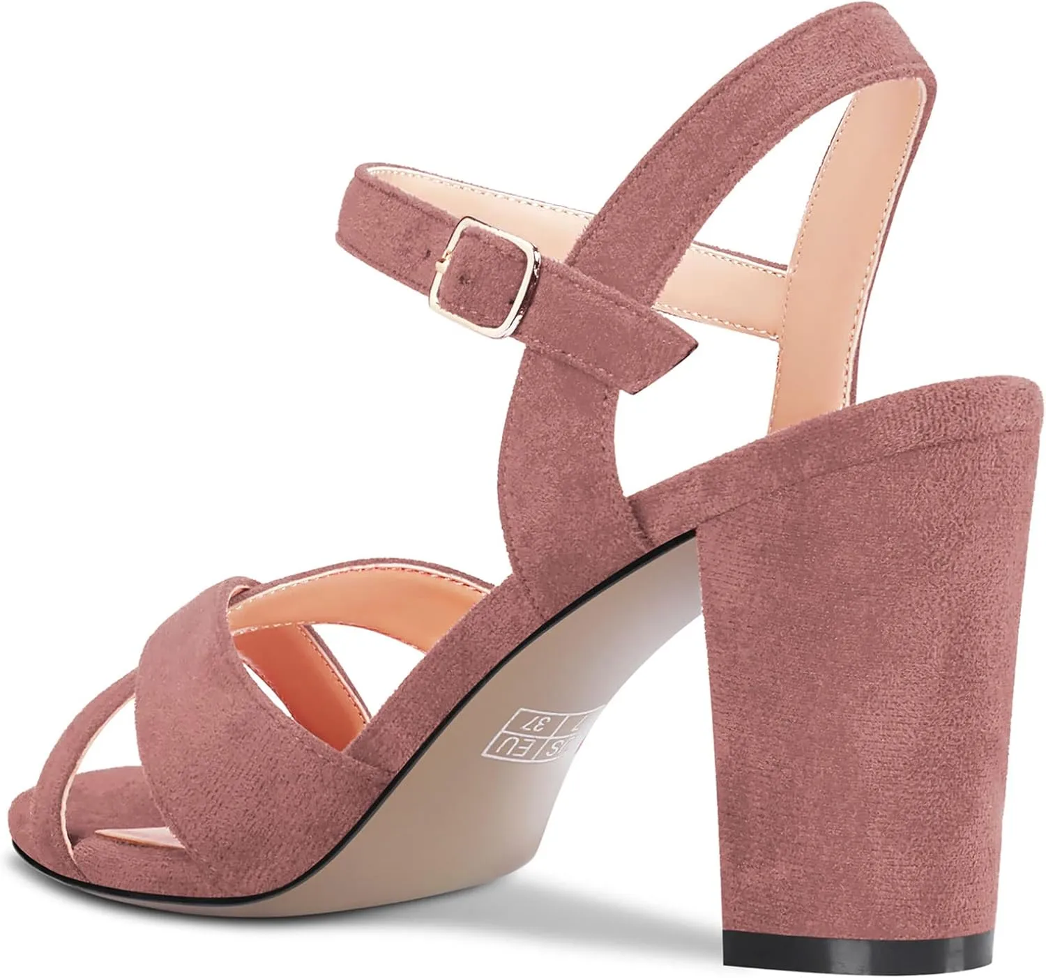 Saekcted Women Mid Heel Chunky Block Peep Open Toe Slingback Sandals Ankle Strap Buckle Dress 3.2 Inches Heels