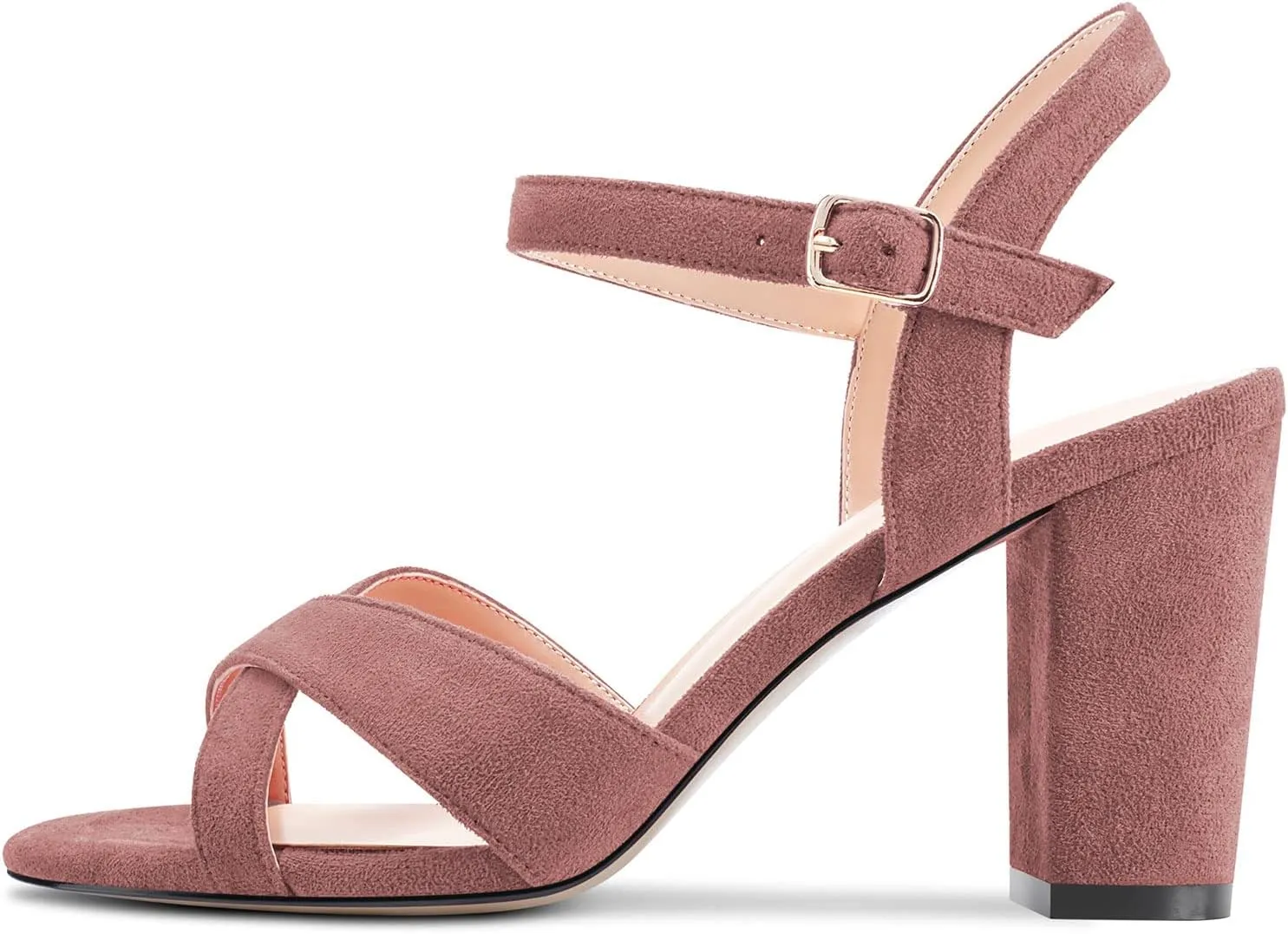 Saekcted Women Mid Heel Chunky Block Peep Open Toe Slingback Sandals Ankle Strap Buckle Dress 3.2 Inches Heels