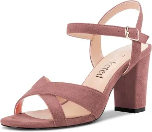 Saekcted Women Mid Heel Chunky Block Peep Open Toe Slingback Sandals Ankle Strap Buckle Dress 3.2 Inches Heels