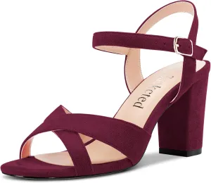 Saekcted Women Mid Heel Chunky Block Peep Open Toe Slingback Sandals Ankle Strap Buckle Dress 3.2 Inches Heels