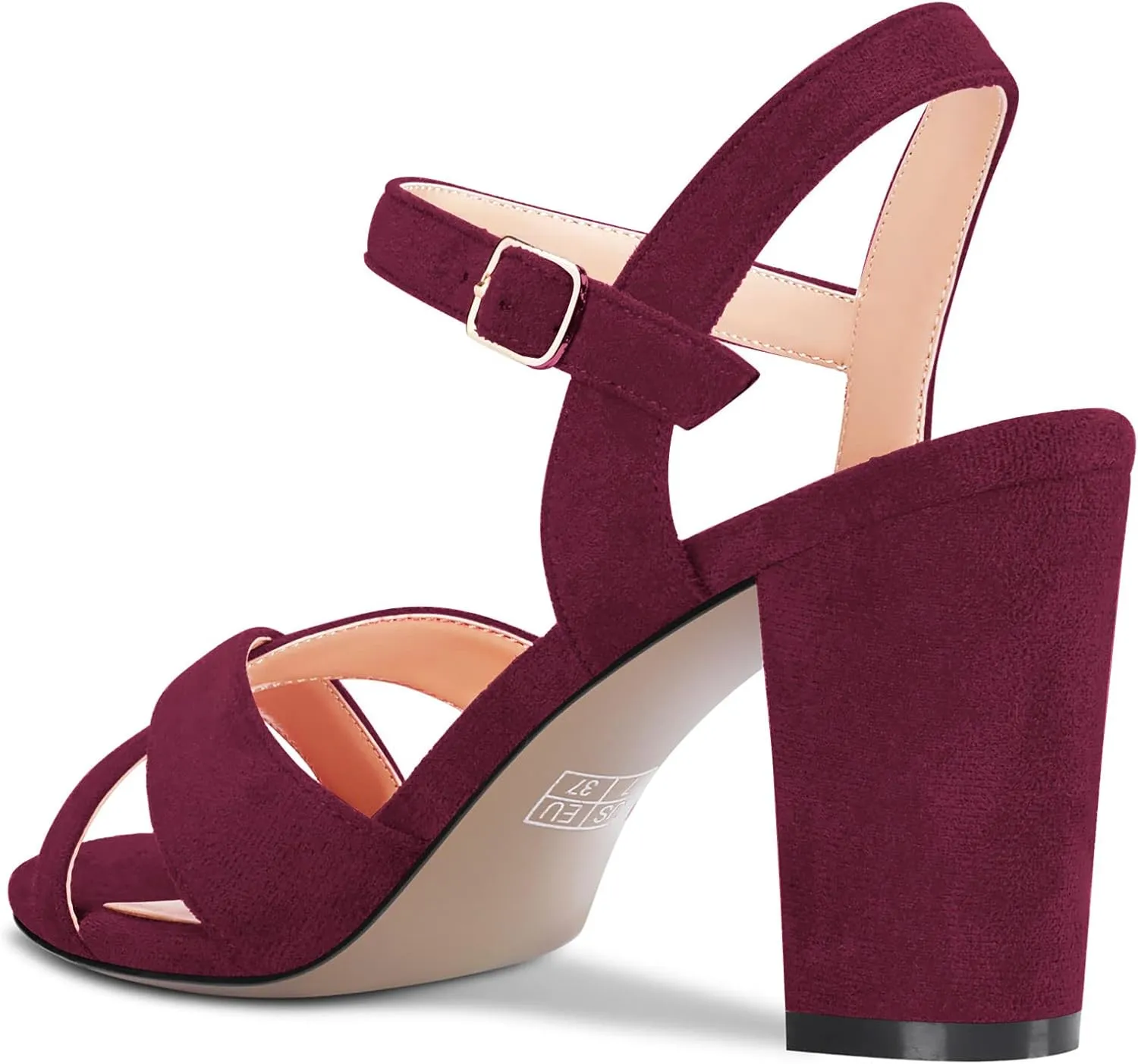 Saekcted Women Mid Heel Chunky Block Peep Open Toe Slingback Sandals Ankle Strap Buckle Dress 3.2 Inches Heels